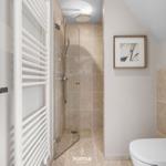 Dusche mit Glaswand, Toilette und Heizung an der Wand