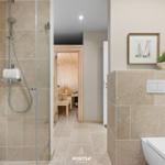 Dusche mit Glaswand, Toilette und Blick in die Sauna.