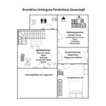Grundriss Untergeschoss mit Spielkeller, Sauna, separatem WC und Schlafzimmer, Zugang zum Garten mit Spielplatz