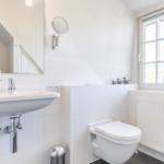 Badezimmer mit Waschbecken, Toilette und Dusche. Fenster mit Pflanze und Heizkörper.