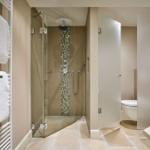 Dusche mit Glaswand, Toilette und Handtuchhalter in Bad