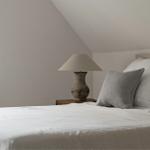 A bedroom with sloped ceiling, bed with pillows and nightstand with lamp.