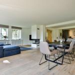 Living and dining area with wooden floor, sofa, dining table, and fireplace.