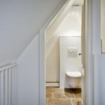 Shower and toilet in a bright room with sloped walls and brown tiles.