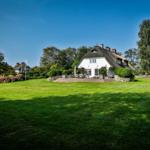 House with thatched roof and large garden with terrace.