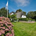 House with thatched roof, green lawn, and flower hedge under blue sky.