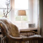 A window with lamp, radio, and vase with branches. In foreground, a chair with fur cover.