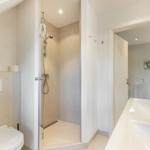 Bad mit Dusche, Waschbecken und Toilette. Pflanze auf der Wand.