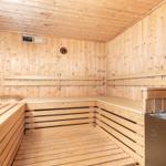 Holzsauna mit Sitzbänken und Steinkessel