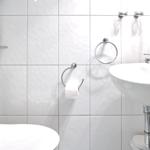 Badezimmer mit Toilette, Waschbecken und Toilettenpapierhalter.