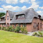 Haus mit Strohdach und Blumenbeet im Vorgarten