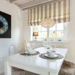 Esszimmer mit weißem Tisch, transparenten Stühlen und Wandbild eines Auges.