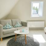 Room with sofa, bed, and skylight. Wooden floor and round rug.