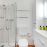 Bathroom with shower, toilet, and sink with mirror.