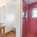 Bathroom with red mosaic tiles, shower, sink, and toilet.