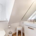 Bathroom with shower area, sink and toilet under sloped roof