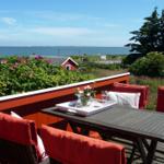 Terrasse mit Tisch und Stühlen, Blick auf Meer und grüne Landschaft.