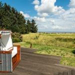 Hochwertiger Strandkorb auf Terrasse mit Blick auf Grasland und Wasser.