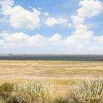 Weitläufige Landschaft mit Grasflächen und Wasser unter blauem Himmel mit weißen Wolken.