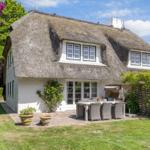 House with thatched roof, terrace, and garden. Grill and seating area.