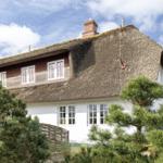 Haus mit strohgedecktem Dach, weißen Wänden und Fenstern, umgeben von Bäumen.