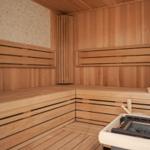 Sauna with wooden bench and heater