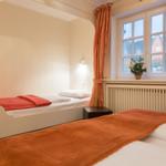 Room with two beds, window with curtains and flowers on the windowsill.