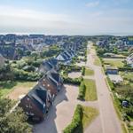 Aerial view of a coastal village with houses and greenery near the sea.