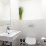 Badezimmer mit Waschbecken, Spiegel, Toilette und Pflanze.