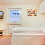 Schlafzimmer mit Bett, Fernseher und Fenster mit Pferdemotiv.