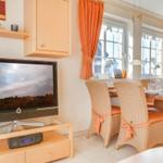 Wohn- und Essbereich mit TV, Esstisch und Fenstern.