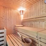 Wooden sauna with benches and water bucket.