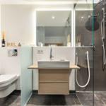 Bathroom with shower, sink, and toilet. Modern furnishings.