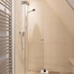 Dusche mit Glaswand, Duschbrause und Heizkörper