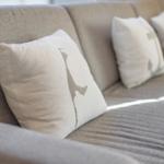 Ein Sofa mit Kissen, eines mit Hundemotiv.