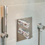 Duschkopf mit zwei Hebeln und Duschbrause an grauer Wand