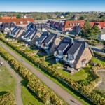 Aerial view of residential houses with gardens and a paved path.
