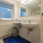Badezimmer mit zwei Waschbecken, Spiegel und blauem Teppich.