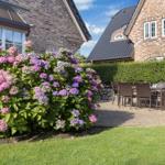 Terrasse mit Sitzgruppe, Blumenrabatten und Grünfläche vor einem Backsteinhaus.