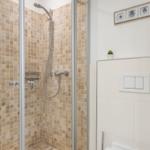 Dusche mit Mosaikfliesen und Duschbrause. Toilette und Pflanzen an der Wand.