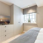 Bedroom with bed, wardrobe, TV, and window with view.