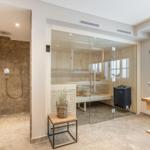 Shower, sauna, and washbasin area in one room.