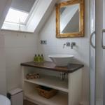 Bathroom with shower, sink, and skylight.