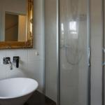 Bathroom with shower enclosure, sink, and gold-framed mirror.