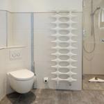 Modern bathroom with shower, toilet, and radiator.