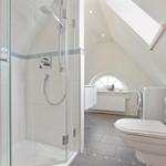 Shower with glass enclosure, toilet, and washing machine under sloped ceilings.