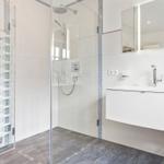 Modern shower with glass enclosure and sink with mirror