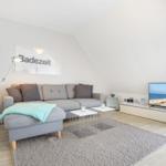 Living room with sofa, TV, and bookcase under sloped ceiling.