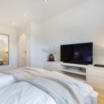 Bedroom with bed, TV, and dresser. Mirror and chair are visible.