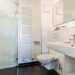 Shower, sink and toilet in a modern bathroom.